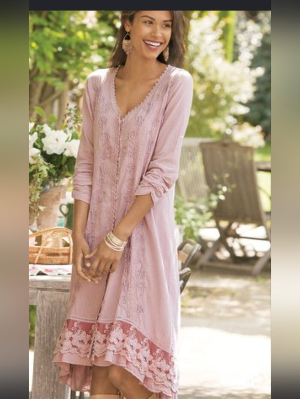 Soft Surroundings Rose Embroidered‎ Lace Trimmed Boho Prairie Dress Medium